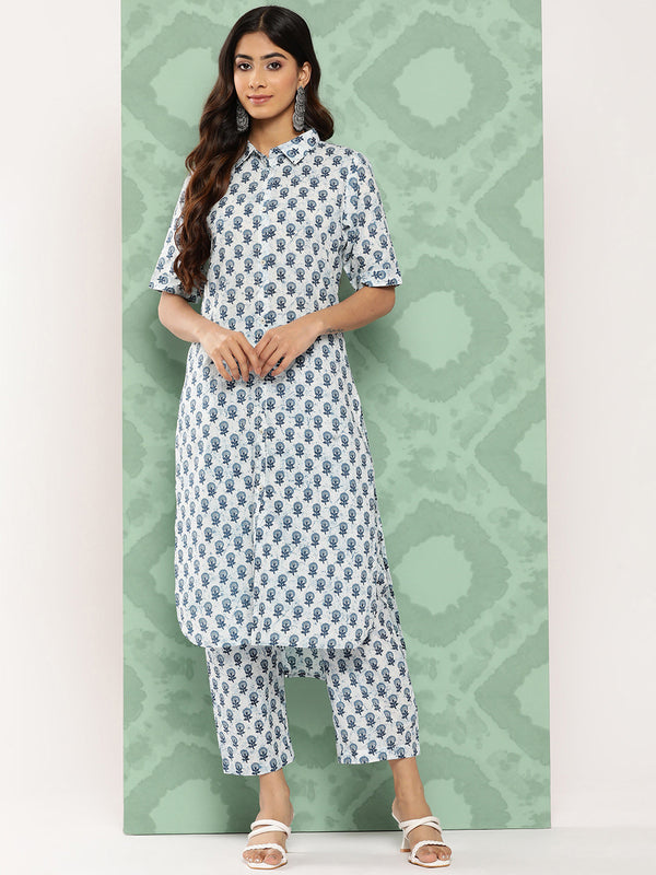 Women's White Floral Printed Cotton Kurta Set - Janasya