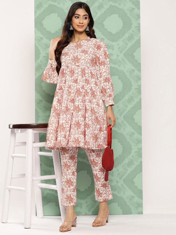 Women's White Botanical Printed Cotton Kurta Set - Janasya