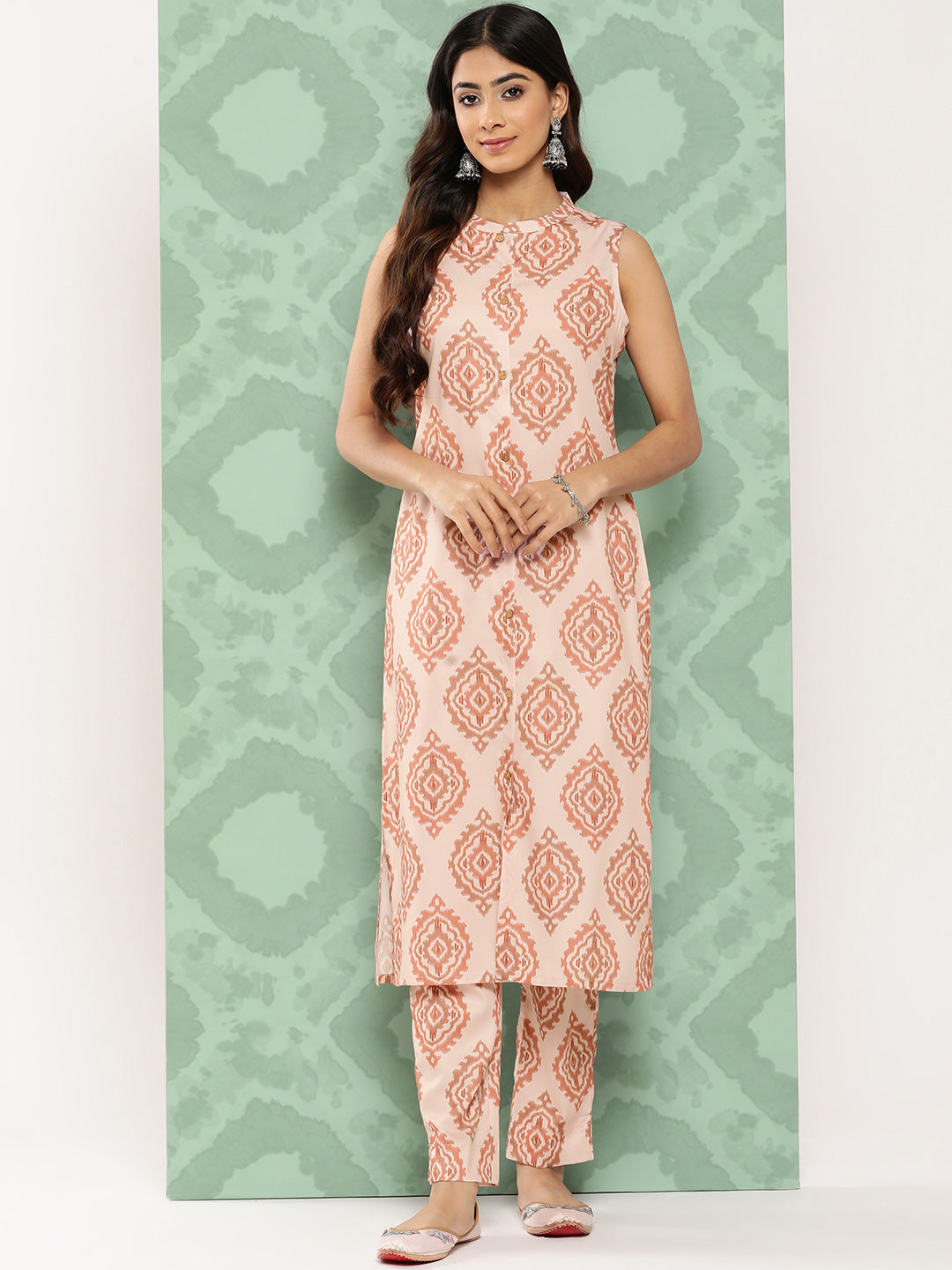 Women's Light Peach Digital Printed Crepe Kurta Set - Janasya