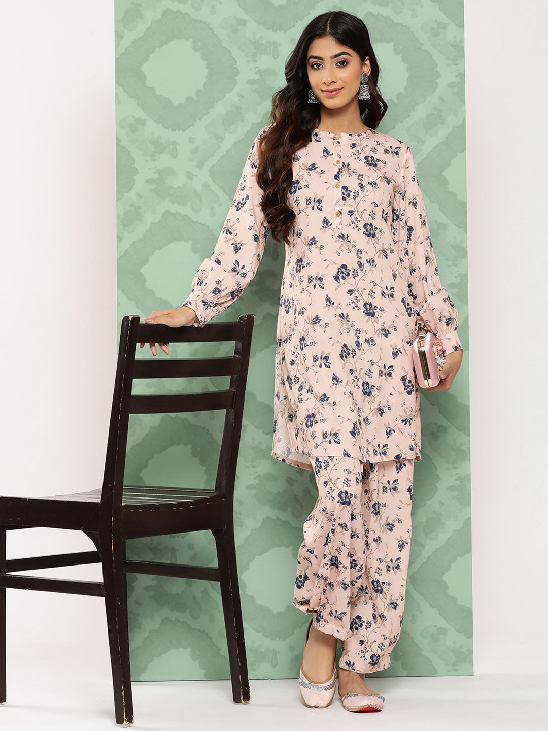 Women's Light Peach Digital Printed Crepe Kurta Set - Janasya