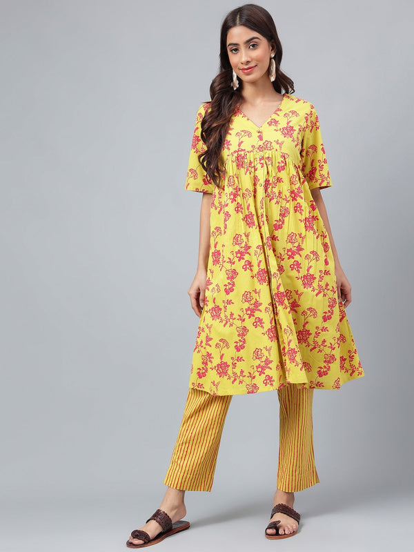 Women's Yellow Floral Printed Cotton Kurta Set - Janasya