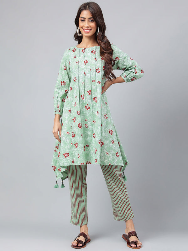 Women's Green Floral Printed Cotton Kurta Set - Janasya