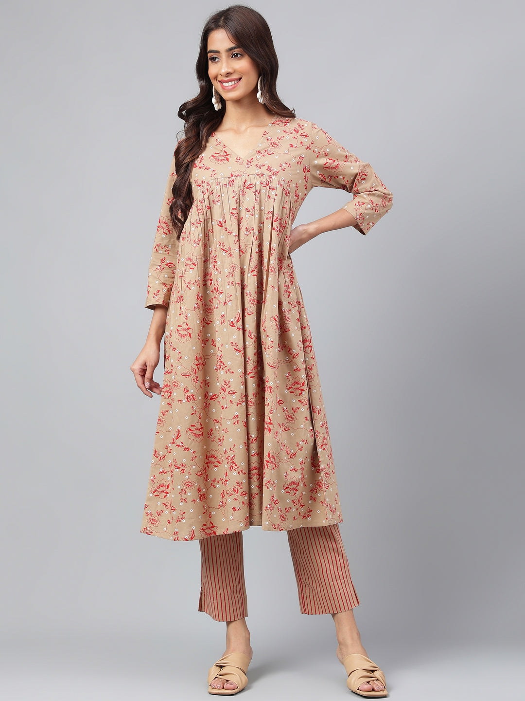 Women's Brown Floral Printed Cotton Kurta Set - Janasya