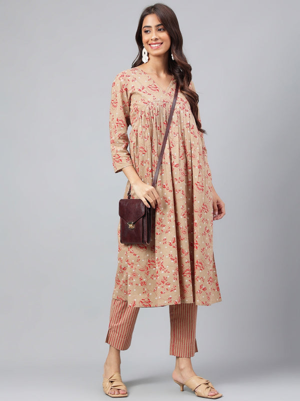 Women's Brown Floral Printed Cotton Kurta Set - Janasya