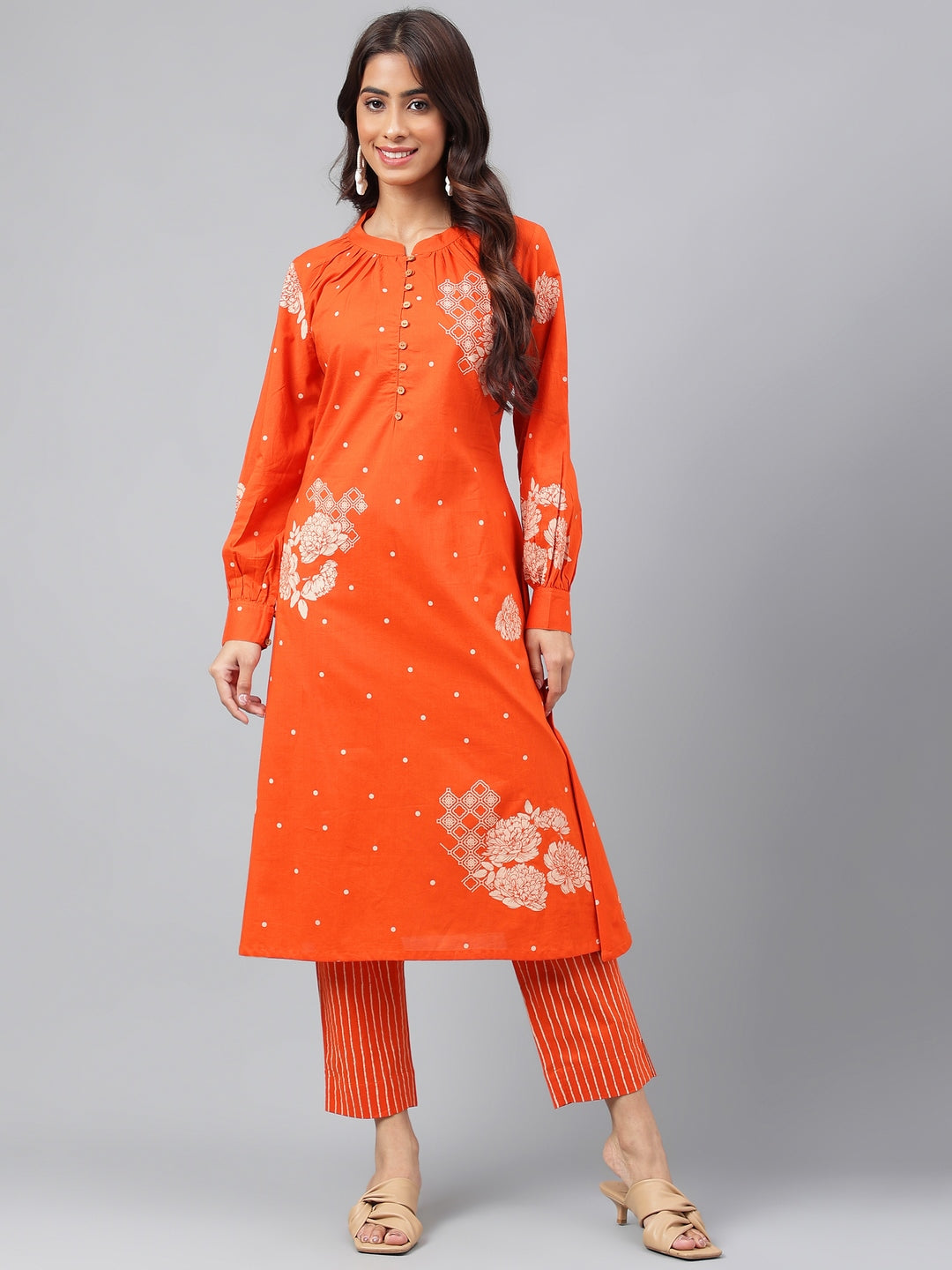 Women's Orange Floral Printed Cotton Kurta Set - Janasya