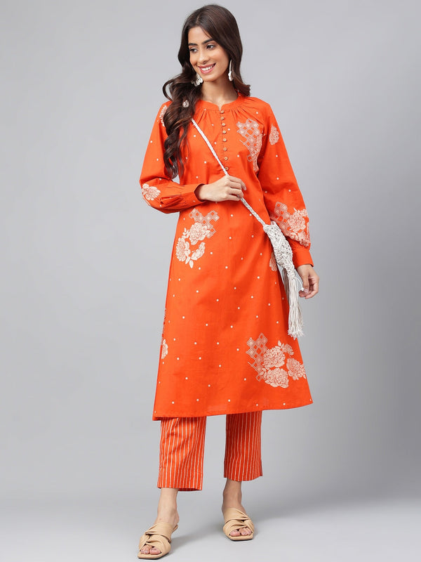 Women's Orange Floral Printed Cotton Kurta Set - Janasya