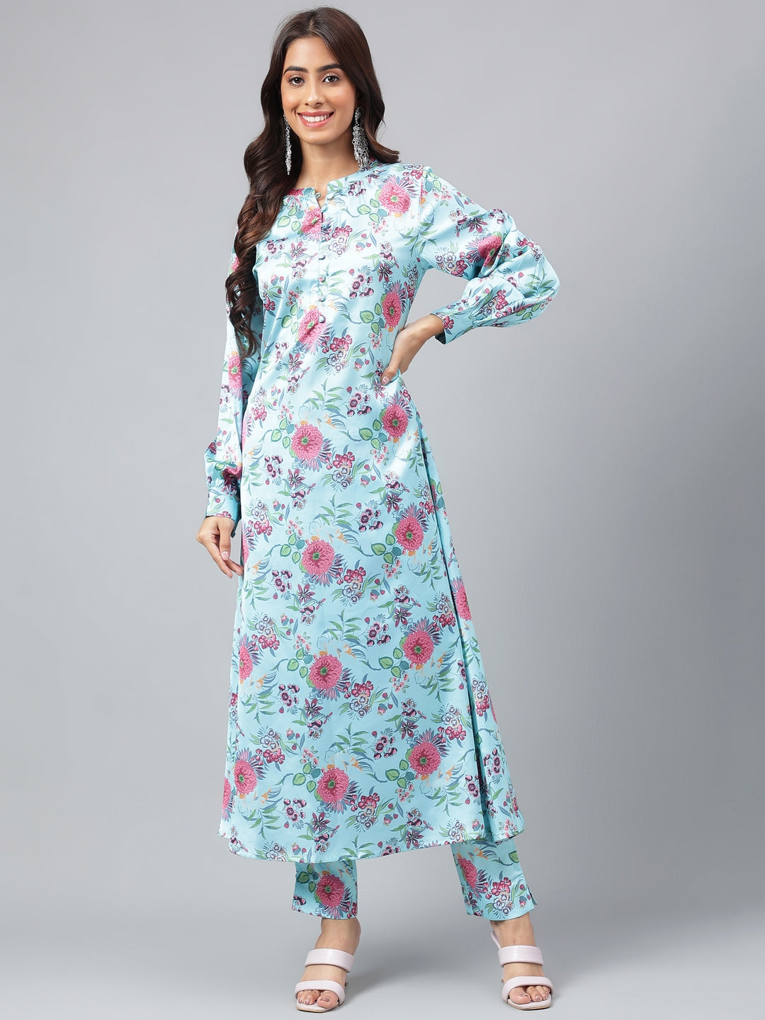 Women's Aqua Blue Digital Floral Printed Satin Kurta Set - Janasya