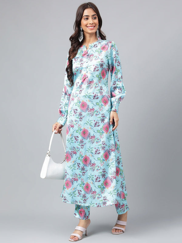 Women's Aqua Blue Digital Floral Printed Satin Kurta Set - Janasya