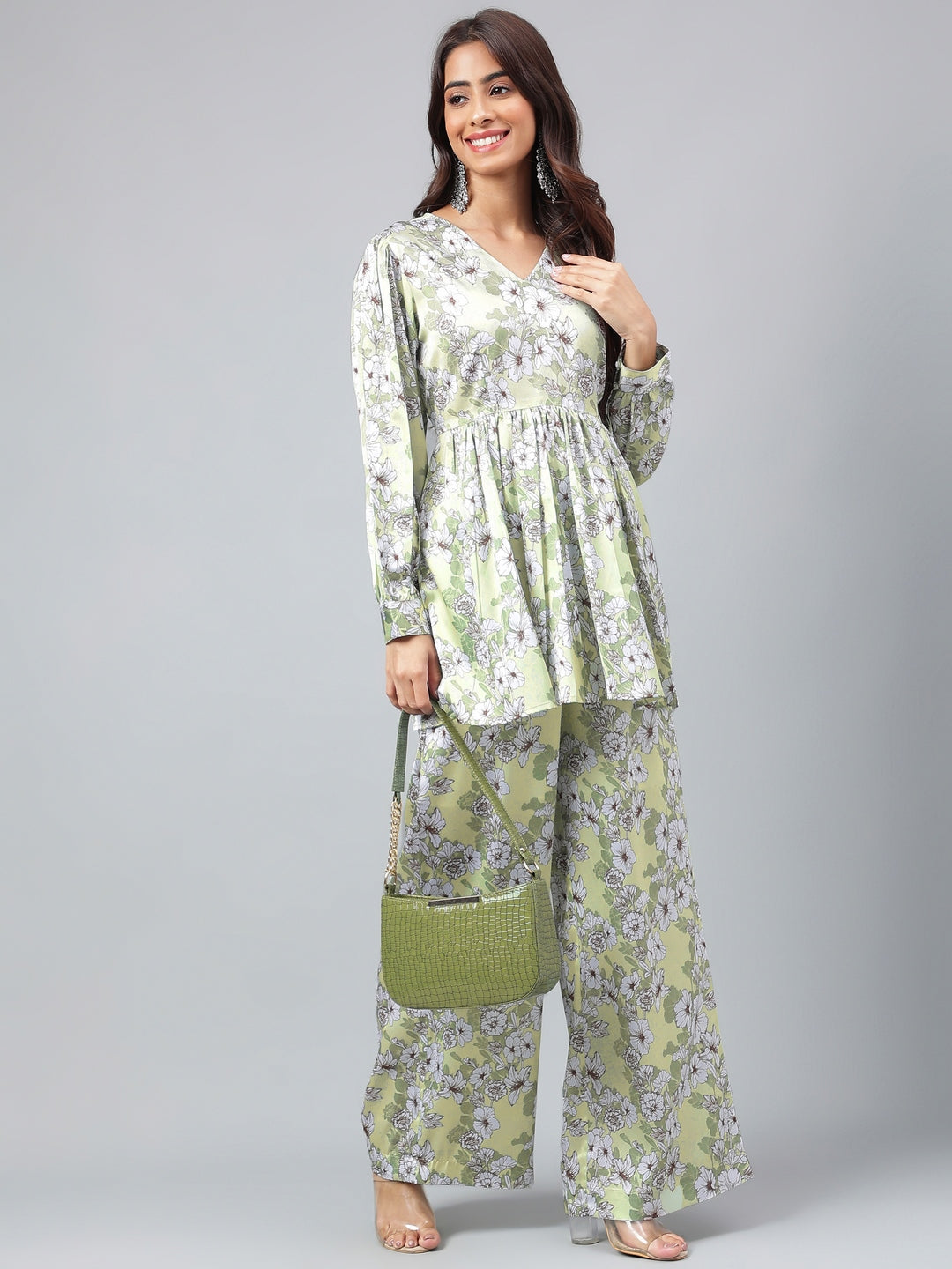 Women's Sage Green Digital Floral Printed Satin Kurta Set - Janasya