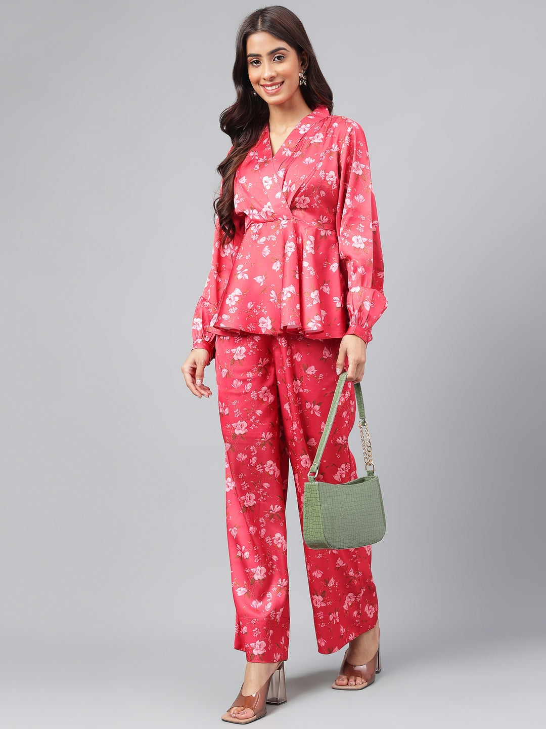 Women's Red Digital Floral Printed Satin Kurta Set - Janasya