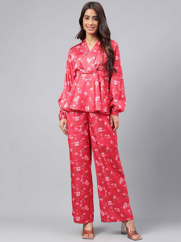 Women's Red Digital Floral Printed Satin Kurta Set - Janasya