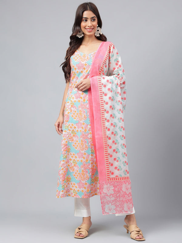 Women's Multicolor Floral Printed Cotton Kurta Set - Janasya