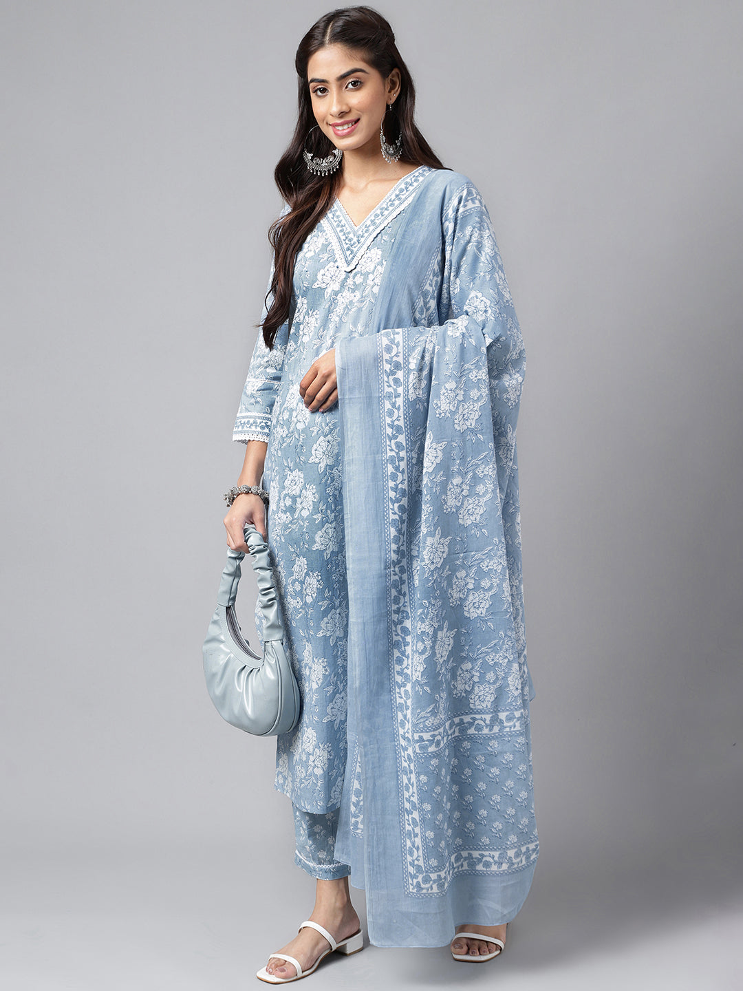 Women's Light Blue Floral Printed Cotton Kurta Set - Janasya