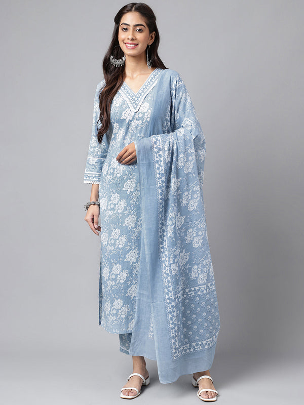 Women's Light Blue Floral Printed Cotton Kurta Set - Janasya