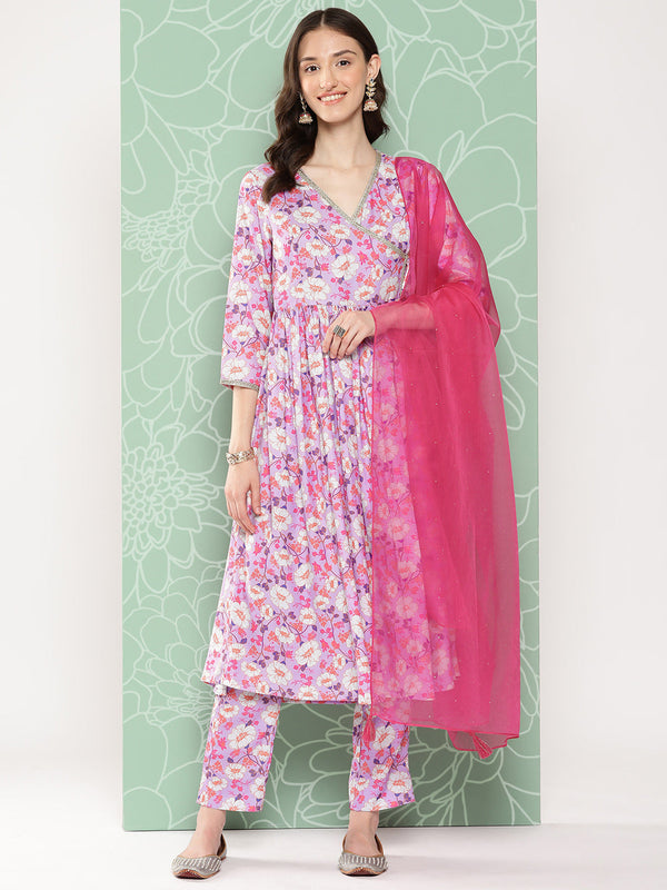 Women's Lavender Digital Floral Printed Moss Kurta Set - Janasya