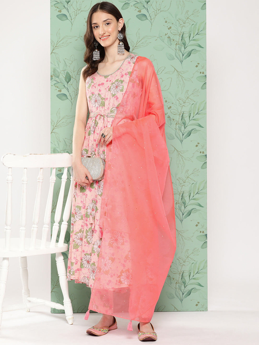 Women's Peach Digital Floral Printed Moss Kurta Set - Janasya