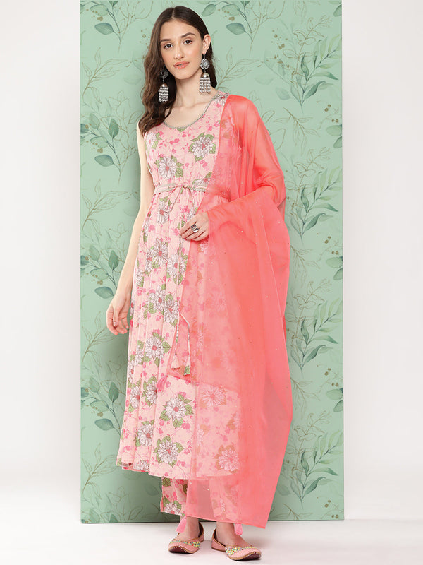 Women's Peach Digital Floral Printed Moss Kurta Set - Janasya