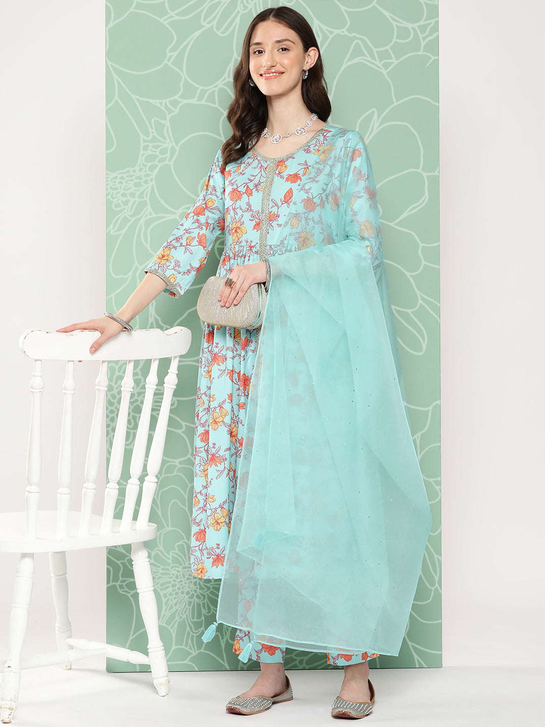 Women's Aqua Blue Digital Floral Printed Moss Kurta Set - Janasya