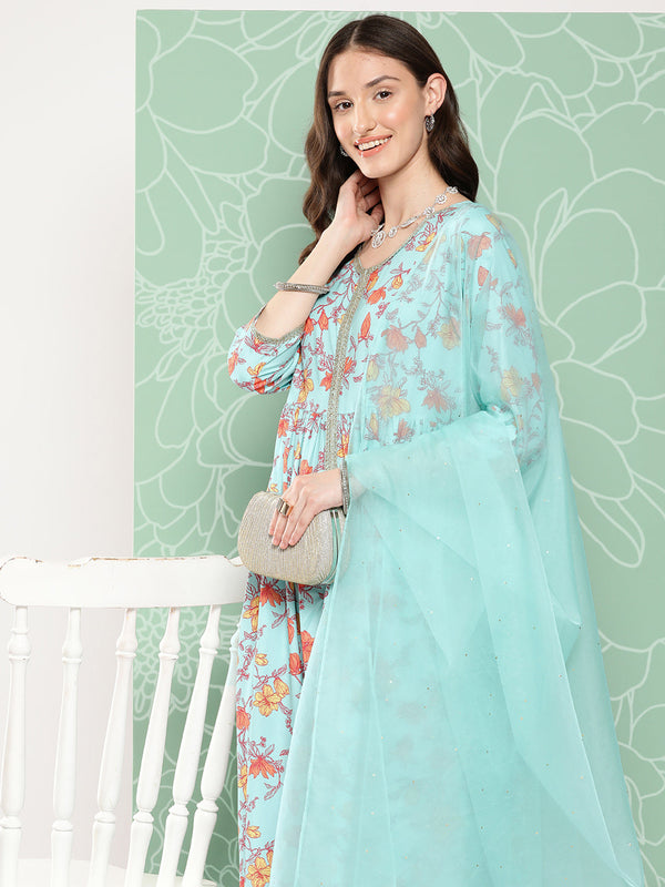 Women's Aqua Blue Digital Floral Printed Moss Kurta Set - Janasya