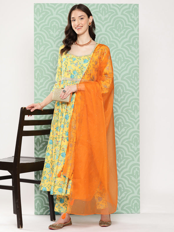 Women's Yellow Digital Floral Printed Moss Kurta Set - Janasya