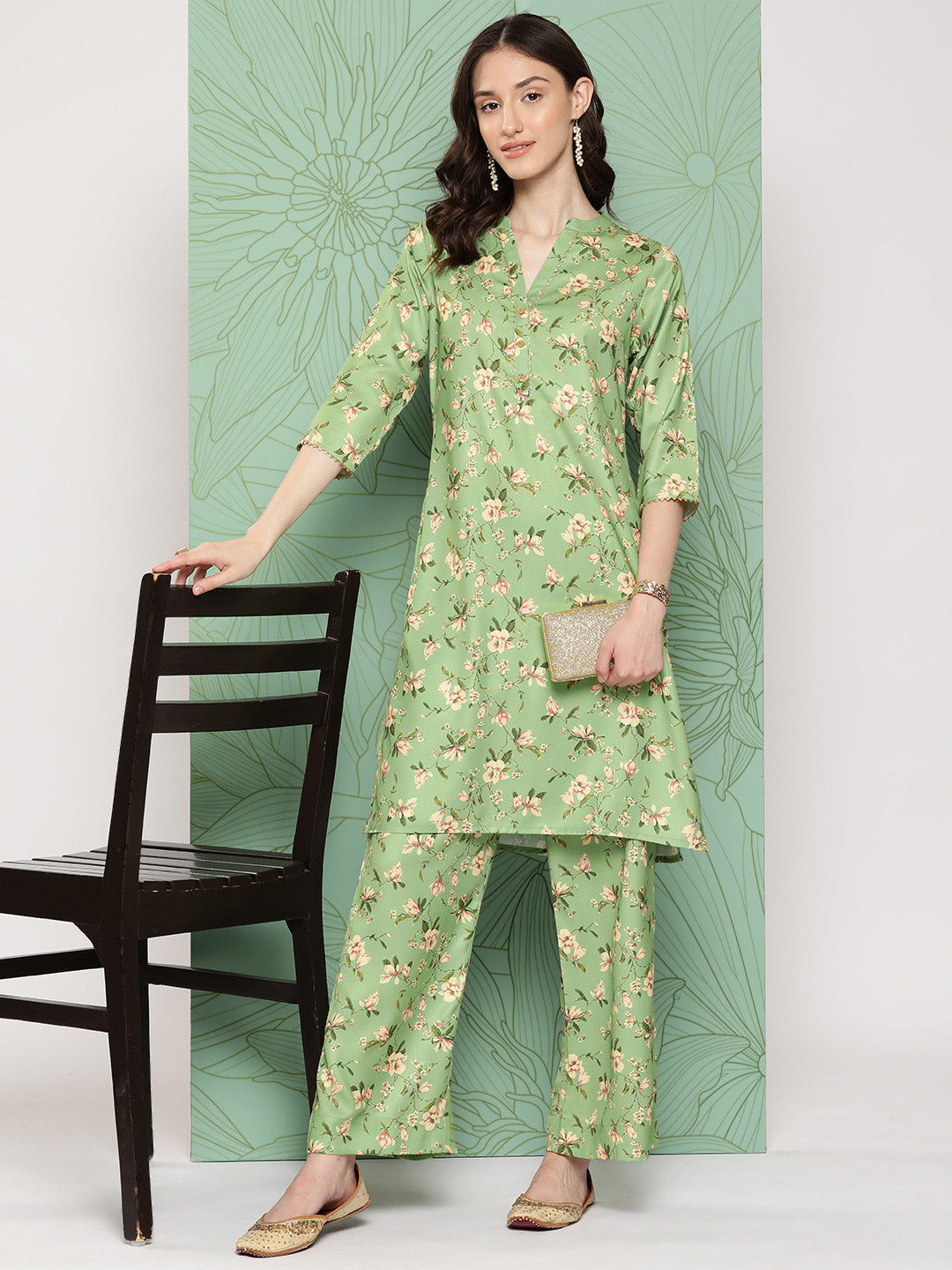 Women's Green Digital Floral Printed Moss Kurta Set - Janasya