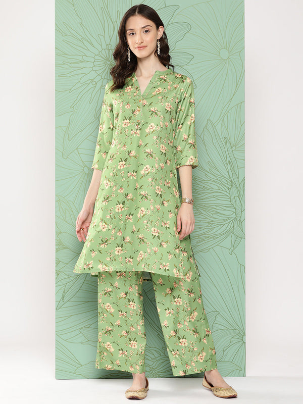 Women's Green Digital Floral Printed Moss Kurta Set - Janasya