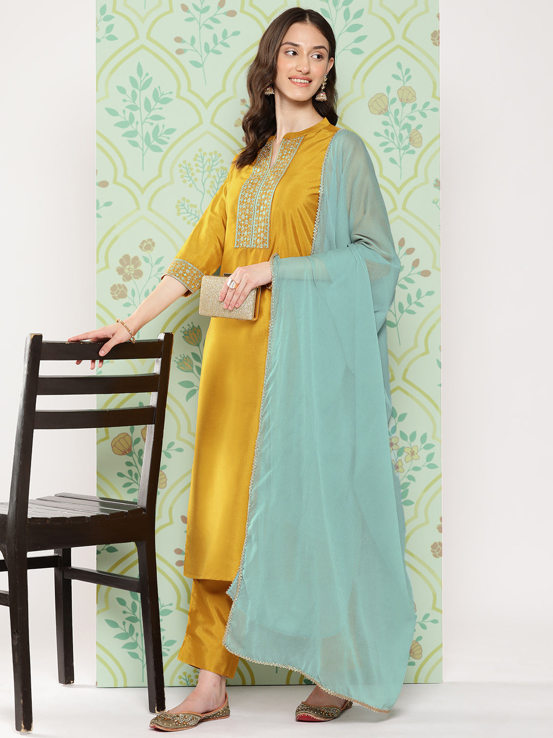 Women's Mustard Solid Crepe Silk Kurta Set - Janasya