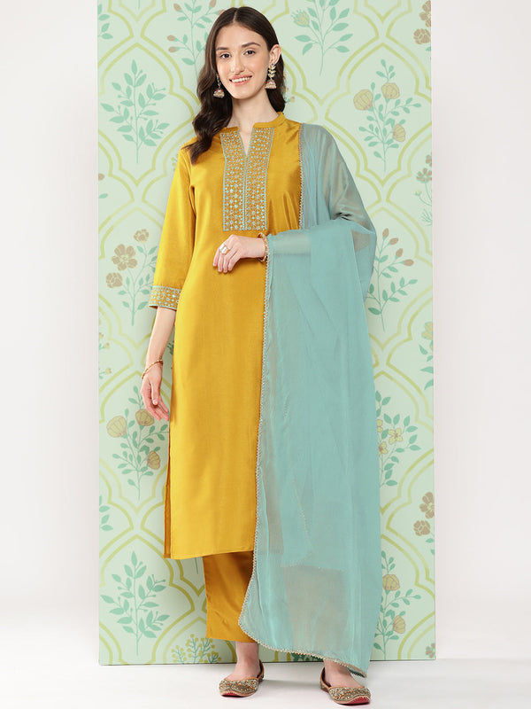 Women's Mustard Solid Crepe Silk Kurta Set - Janasya