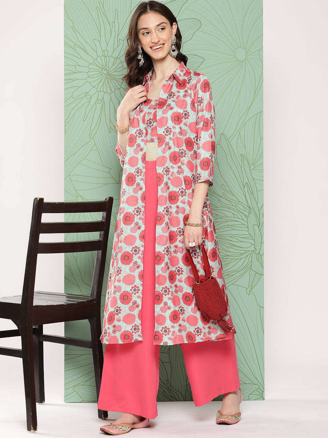 Women's Multicolor Digital Floral Printed Moss Kurta Set - Janasya