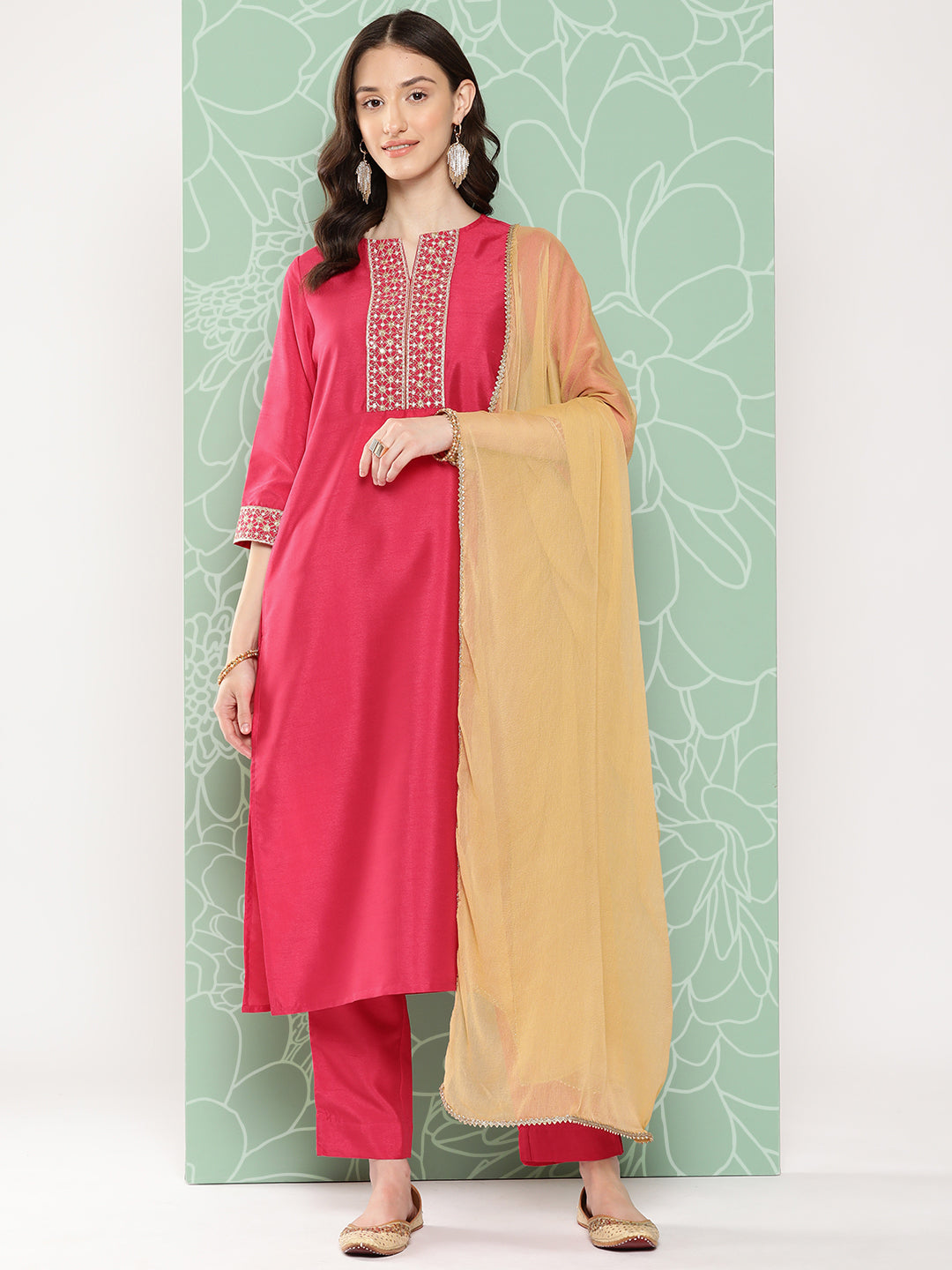 Women's Pink Solid Crepe Silk Kurta Set - Janasya