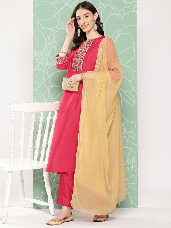 Women's Pink Solid Crepe Silk Kurta Set - Janasya