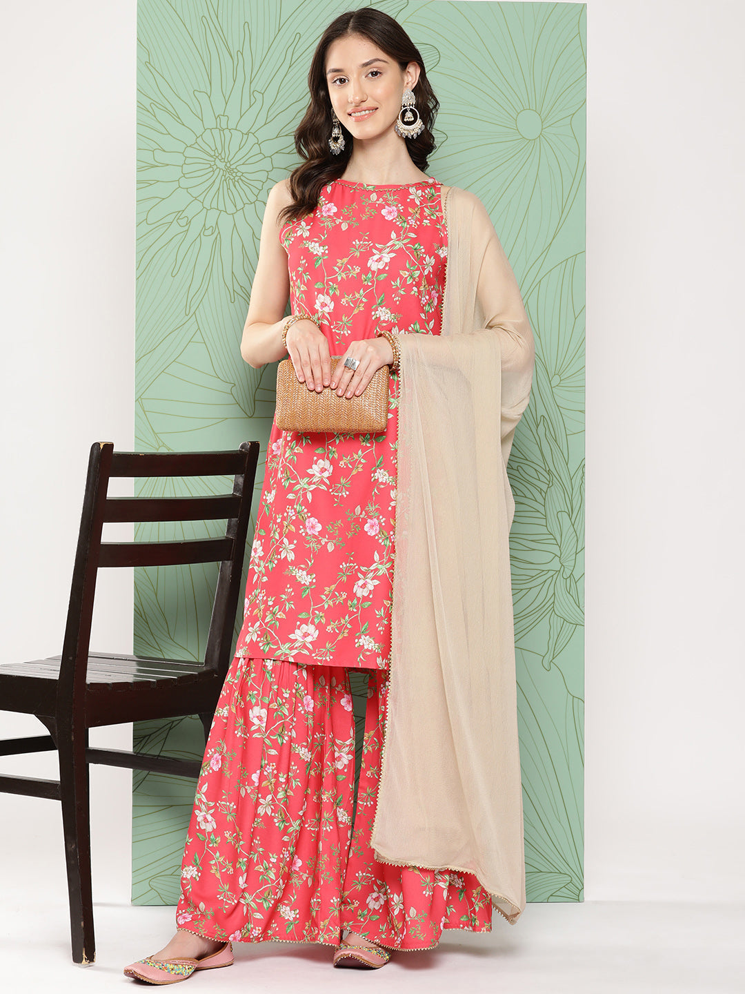 Women's Pink Digital Floral Printed Moss Sharara Set - Janasya