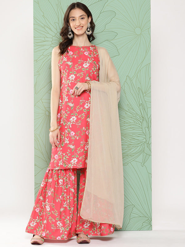 Women's Pink Digital Floral Printed Moss Sharara Set - Janasya