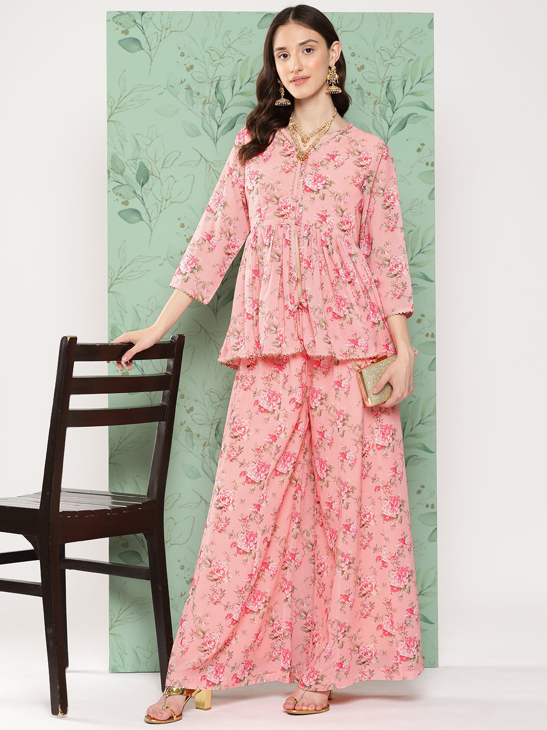 Women's Peach Digital Floral Printed Georgette Kurta Set - Janasya