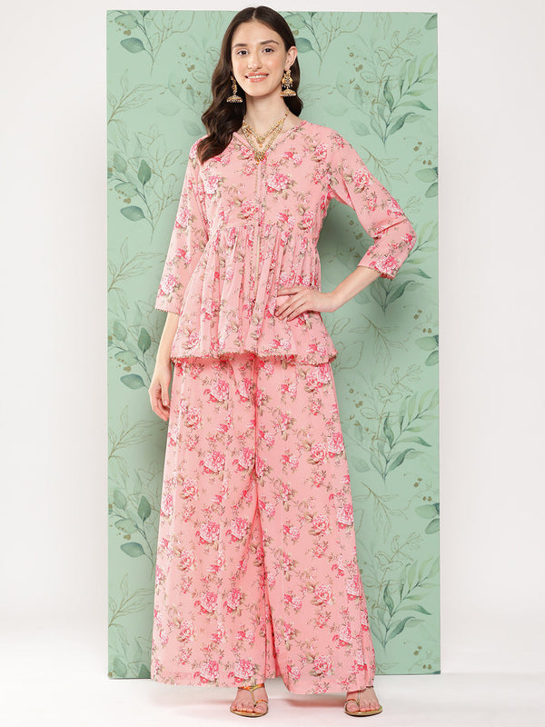 Women's Peach Digital Floral Printed Georgette Kurta Set - Janasya