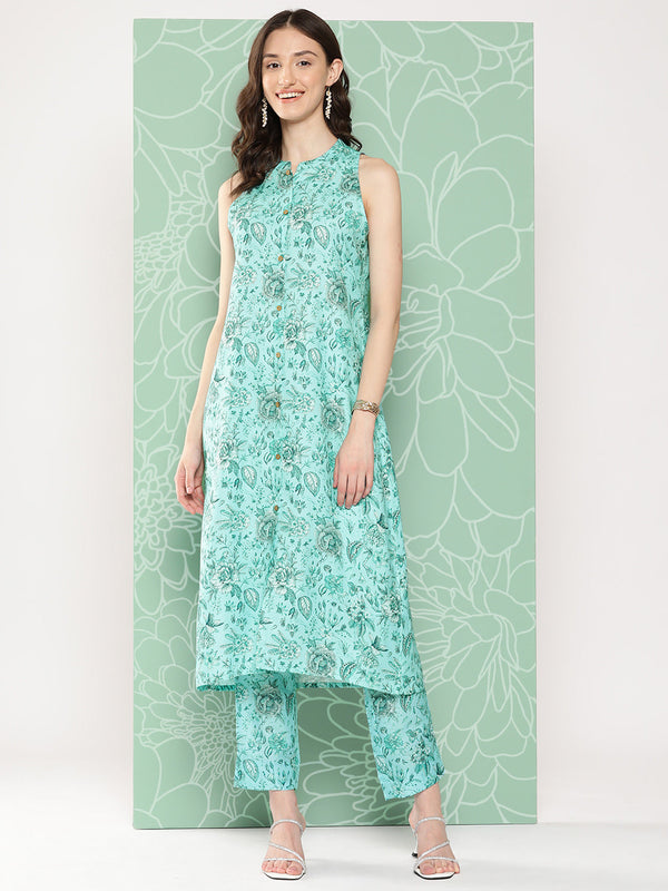 Women's Aqua Blue Digital Floral Printed Moss Kurta Set - Janasya