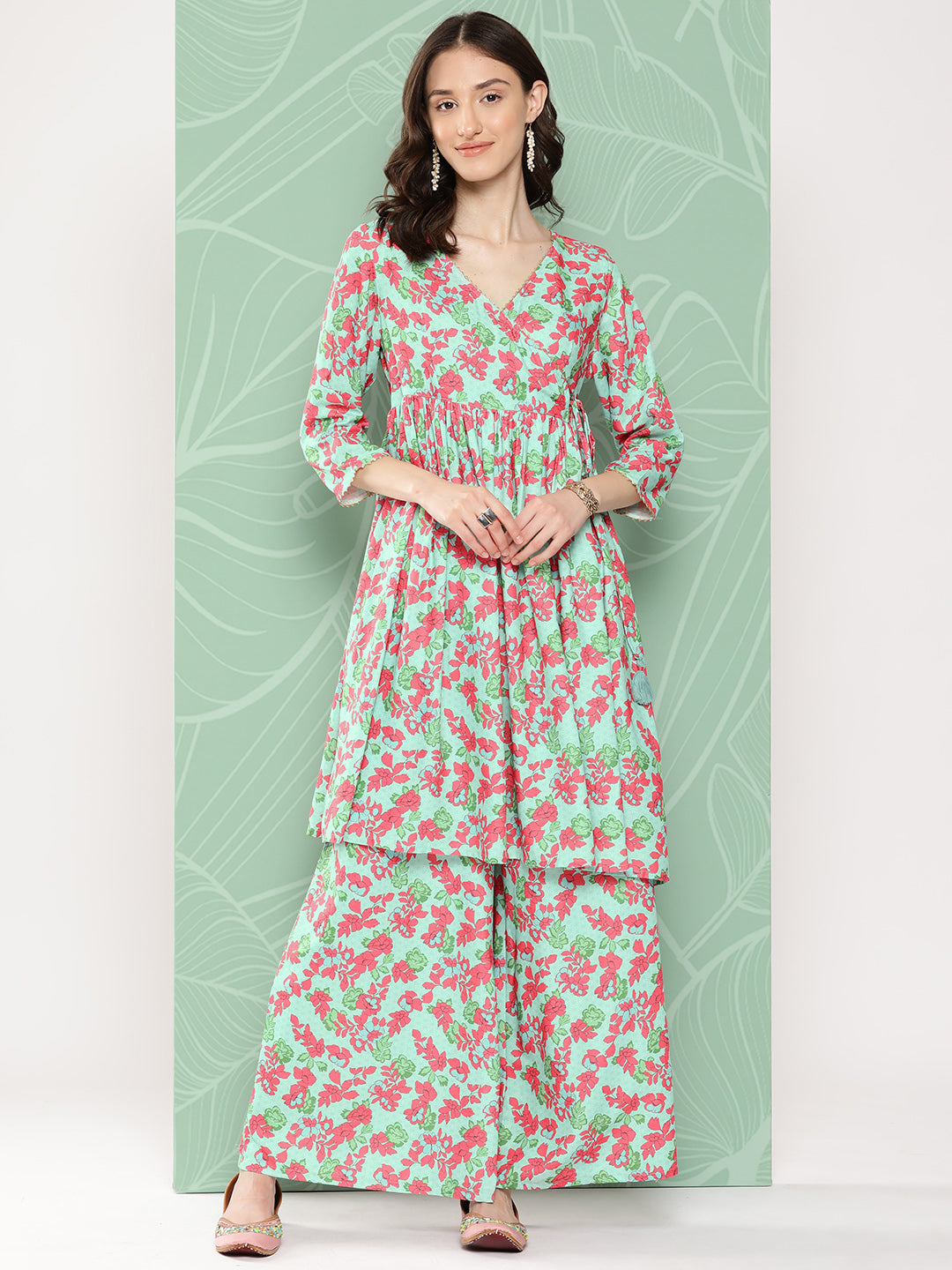 Women's Mint Floral Digital Printed Moss Kurta Set - Janasya