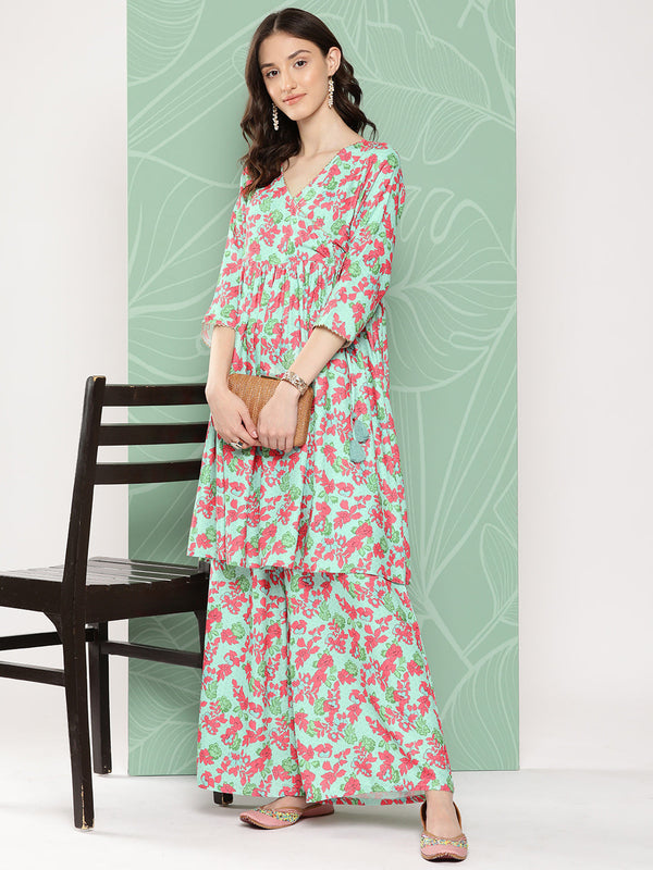 Women's Mint Floral Digital Printed Moss Kurta Set - Janasya