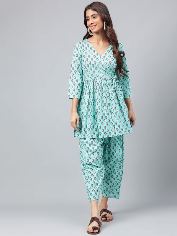 Women's Aqua Green Floral Ethinc Motif Printed Cotton Kurta Set - Janasya