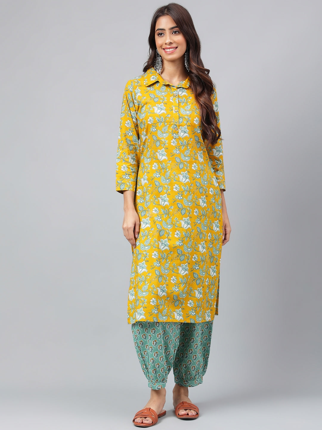 Women's Mustard Floral Printed Cotton Cambric Kurta Set - Janasya