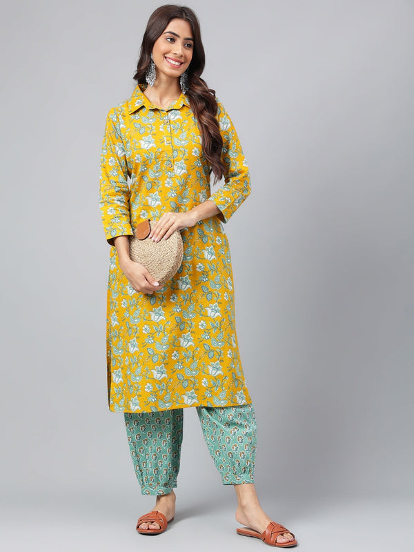 Women's Mustard Floral Printed Cotton Cambric Kurta Set - Janasya