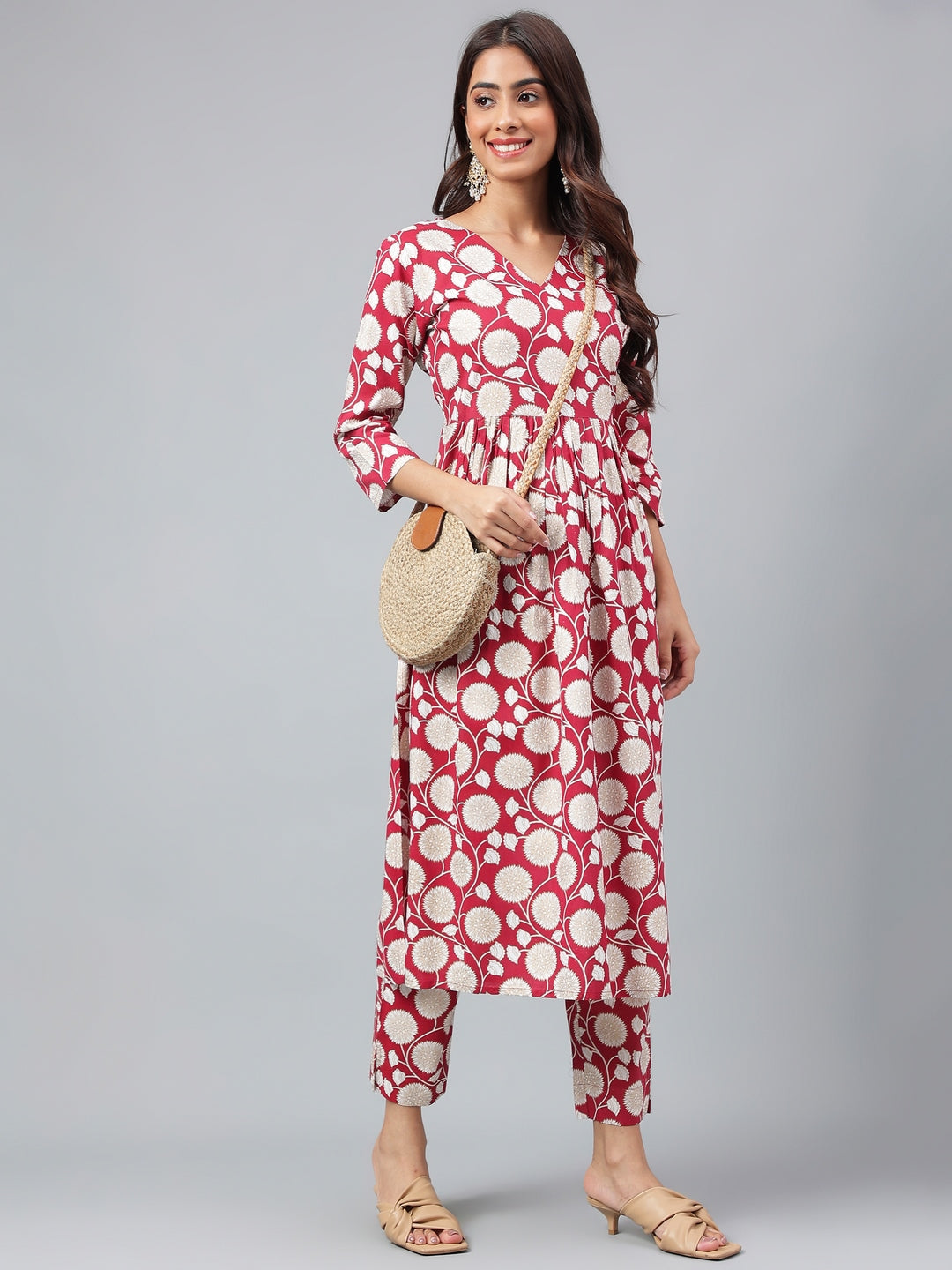 Women's Maroon Floral Printed Cotton Kurta Set - Janasya