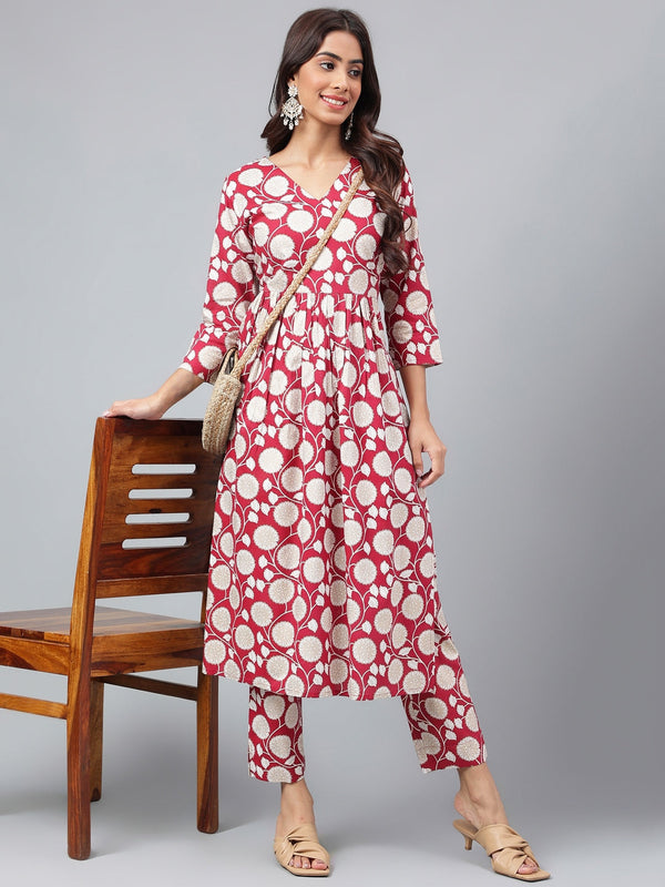 Women's Maroon Floral Printed Cotton Kurta Set - Janasya