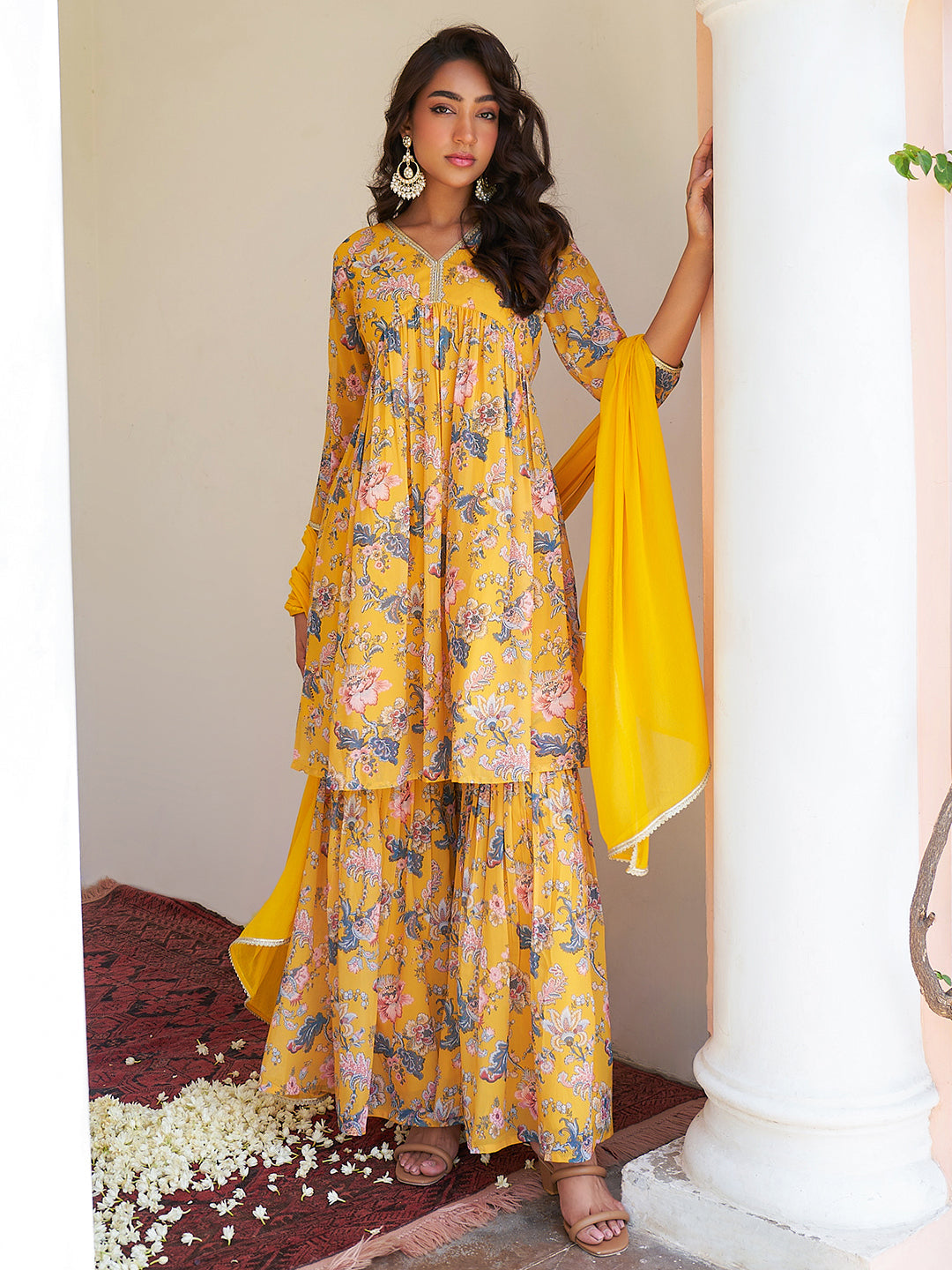 Women's Yellow Digital Floral Printed Georgette Set - Janasya