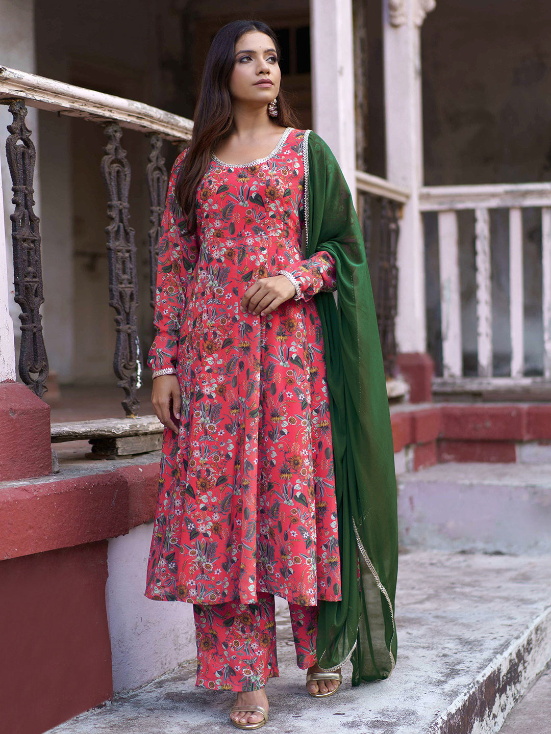 Women's Pink Digital Floral Printed Georgette Set - Janasya