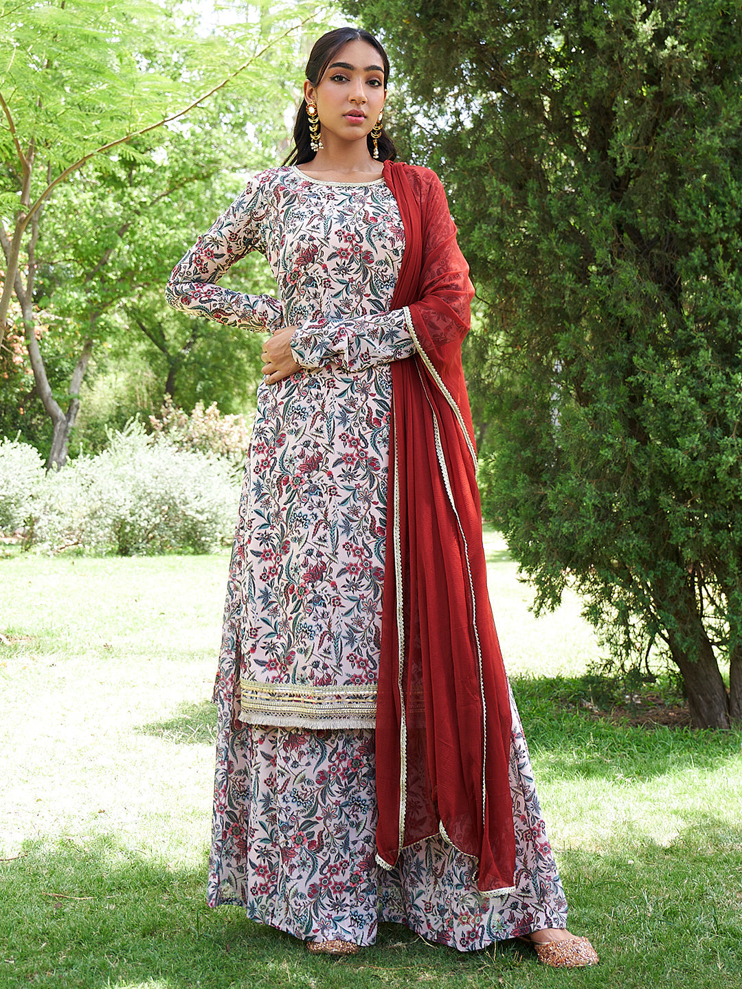 Women's Beige Digital Floral Printed Georgette Set - Janasya