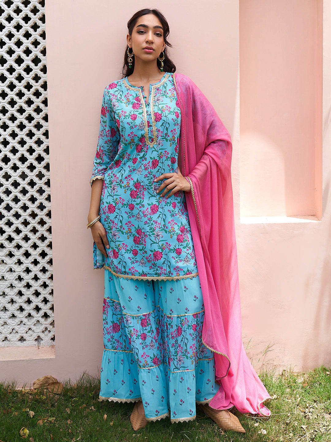 Women's Sky Blue Digital Floral Printed Georgette Set - Janasya