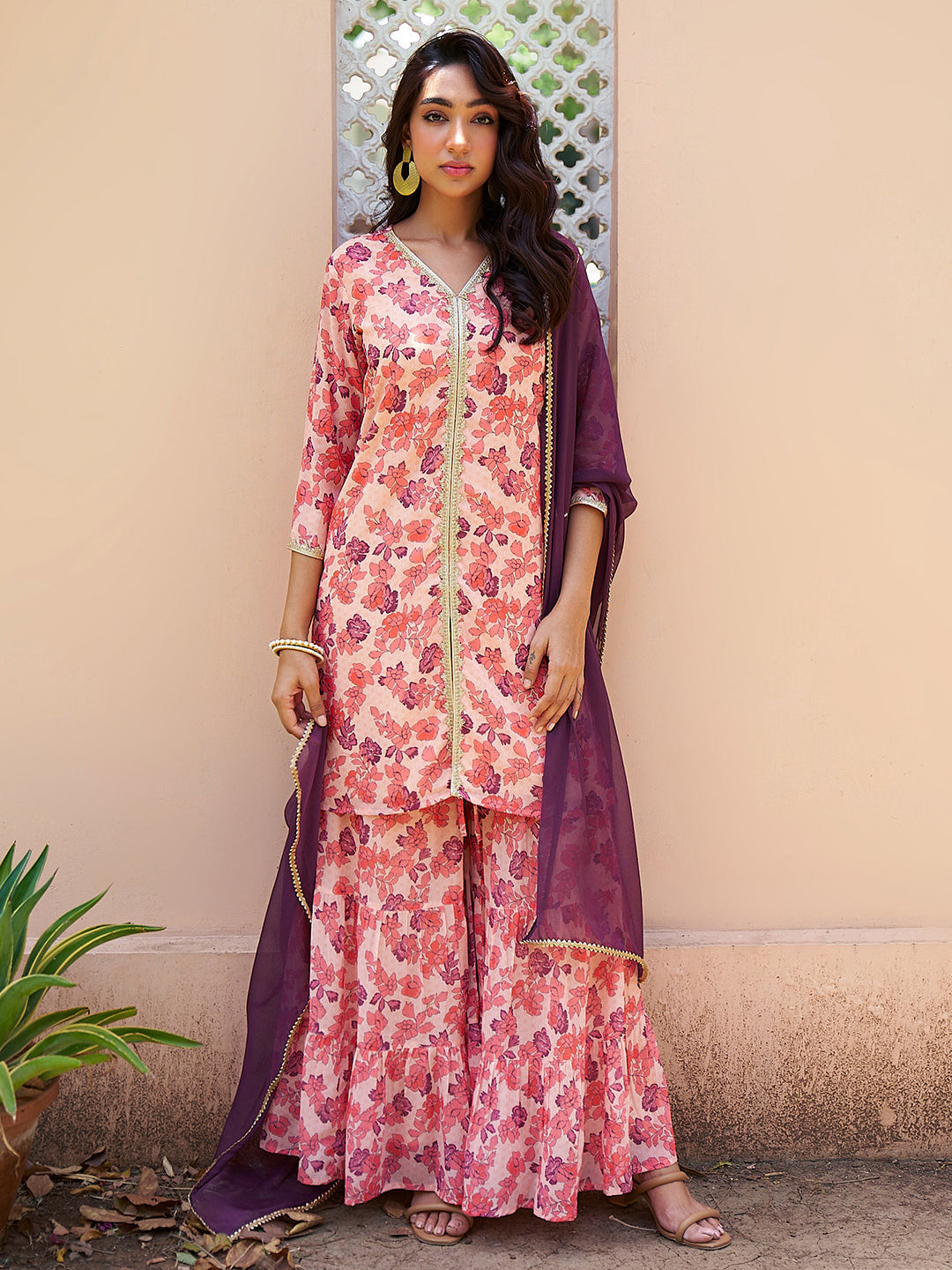 Women's Peach Digital Floral Printed Georgette Set - Janasya