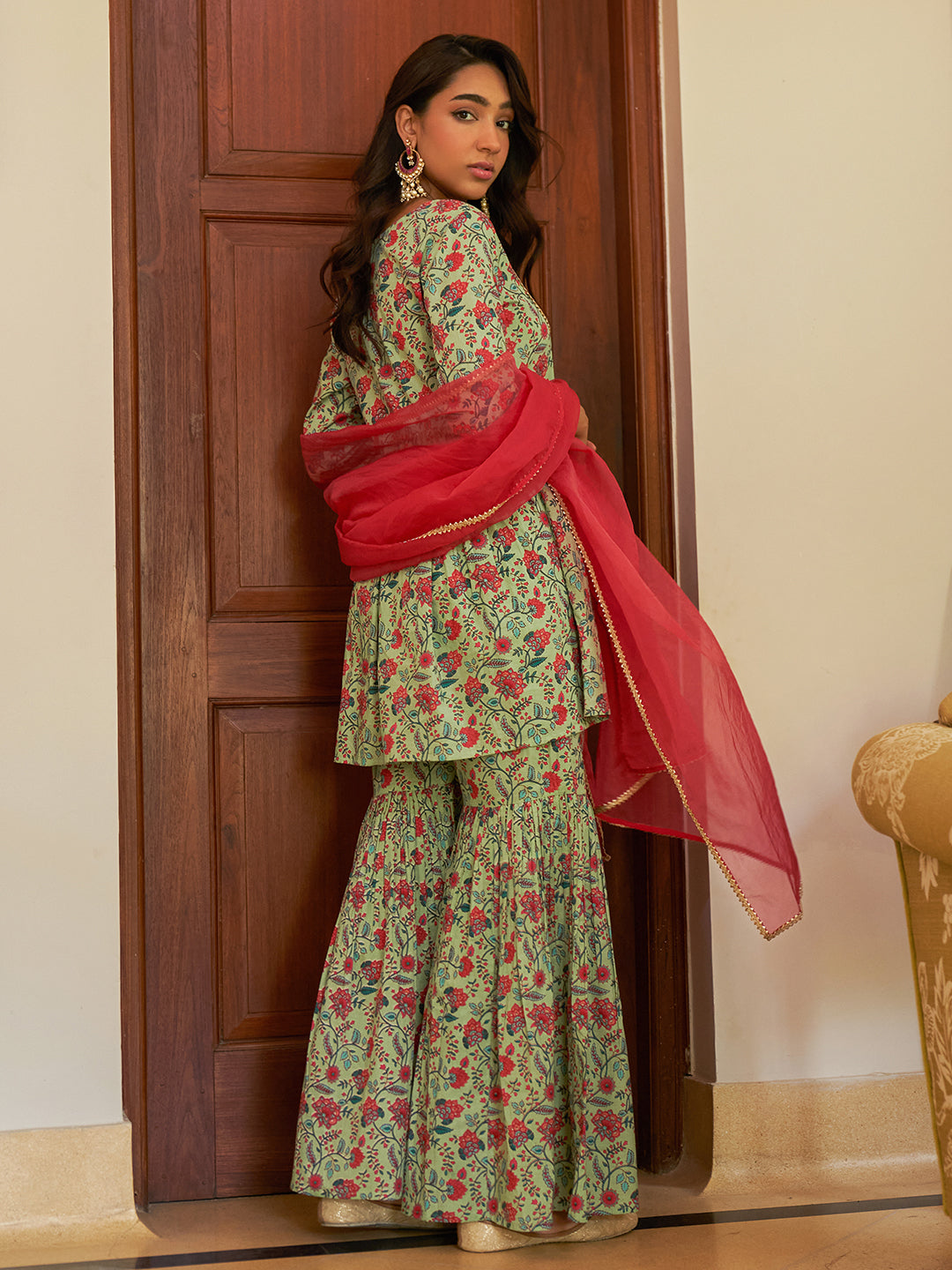 Women's Light Green Floral Printed Cotton Set - Janasya