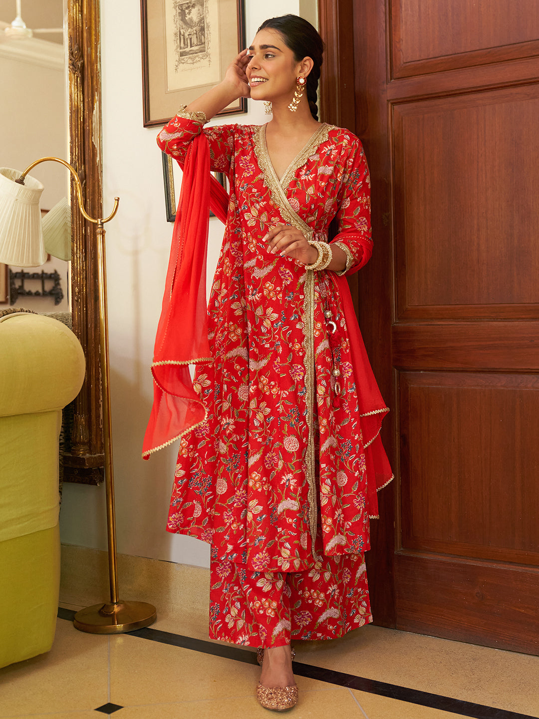 Women's Red Floral Printed Cotton Set - Janasya